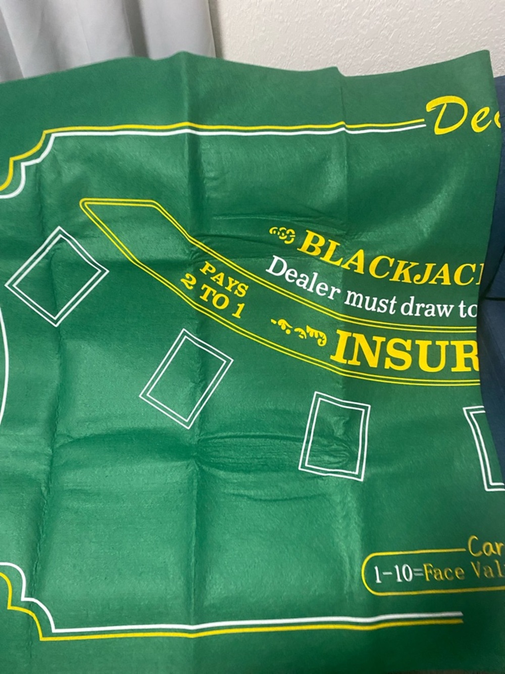 Green Blackjack Felt Table Layout with Yellow & White Print 36x72” one sided